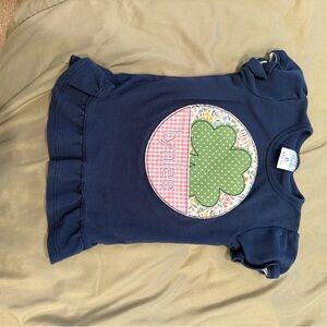 Blue Ruffle Sleeve Shirt with Green Clover Design monogram Lynlee